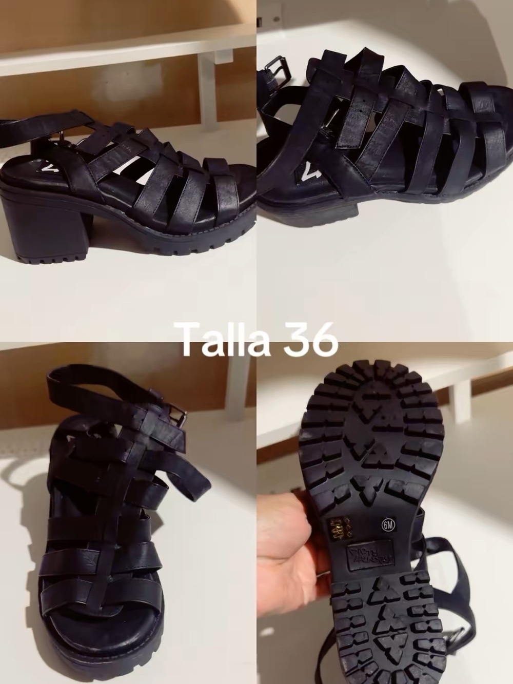 Black Chunky Heeled Woven Sandals - Size 36